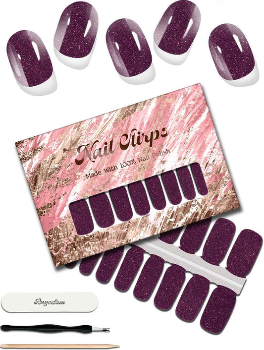 Glitter Nail Polish Strips, 32 Pcs Salon Quality Gel Nail Stickers, Long Lasting Wraps Easy to Use & Remove (Glitter Dark Magenta)