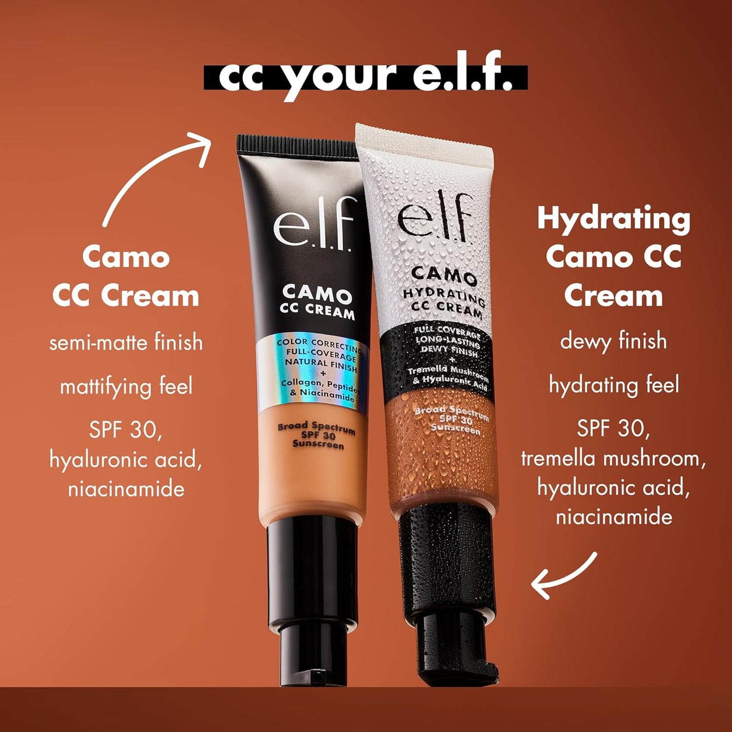 e.l.f. Hydrating Camo CC Cream, SPF 30, Color Correcting Full Coverage Foundation For A Dewy Finish, Vegan & Cruelty-Free, Medium 330 W
