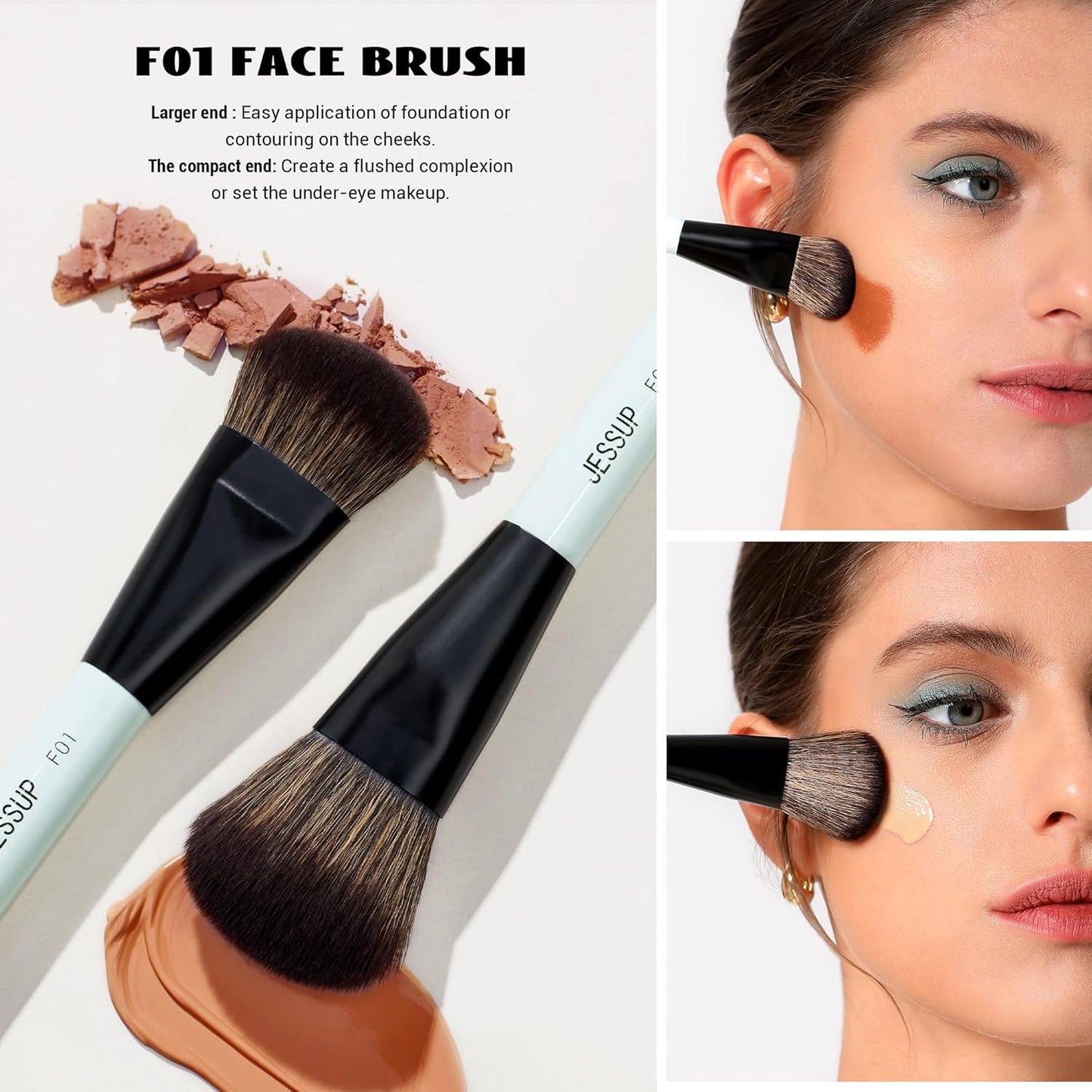 Jessup Makeup Brushes 2pcs Double Sided Foundation Brush Contour Brush Dual Ended Eye Blending Brush, Multi-functional Cosmetic Brush Bright Cyan T502