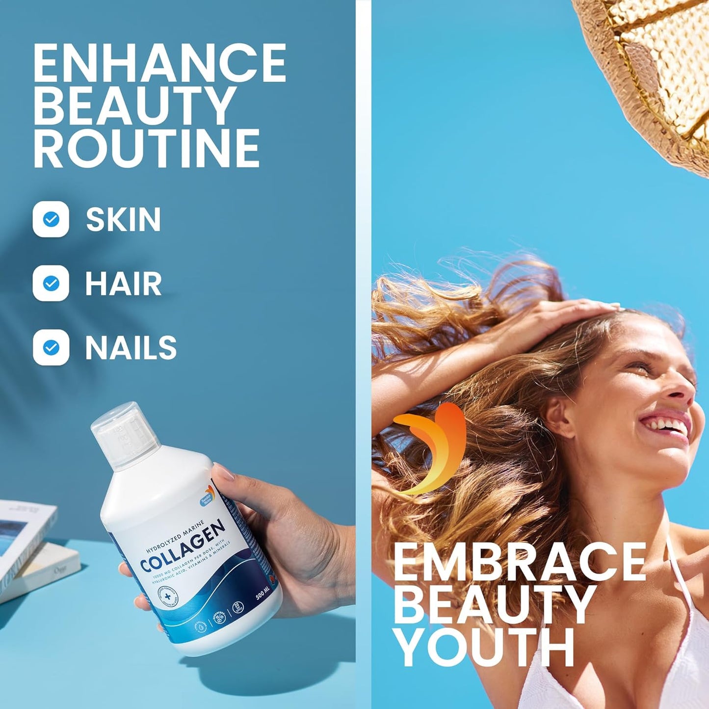 Swedish Nutra - 10,000 mg Hydrolyzed Marine Collagen Liquid Supplement - 500 ml, 20 Day Supply | Hyaluronic Acid, Biotin and Vitamin C to Support Healthy Hair, Skin, Nails and Joints | Sugar-Free