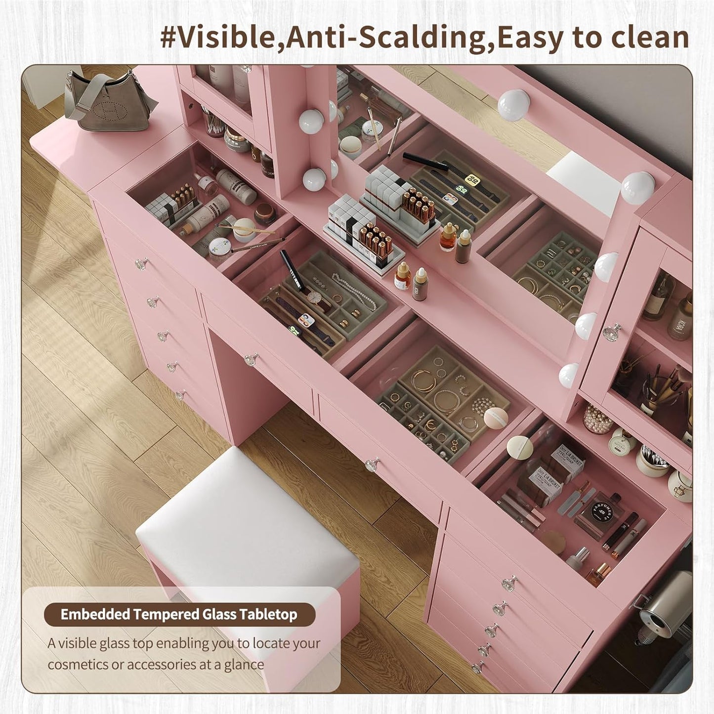 Vanity with Mirror and 10 LED Lights,Vanity Desk with Power Outlet, Makeup Vanity with 12 Drawers and 2 Cabinets, Fold-up Panel, Glass Top Vanity Table with Chair for Bedroom, Pink