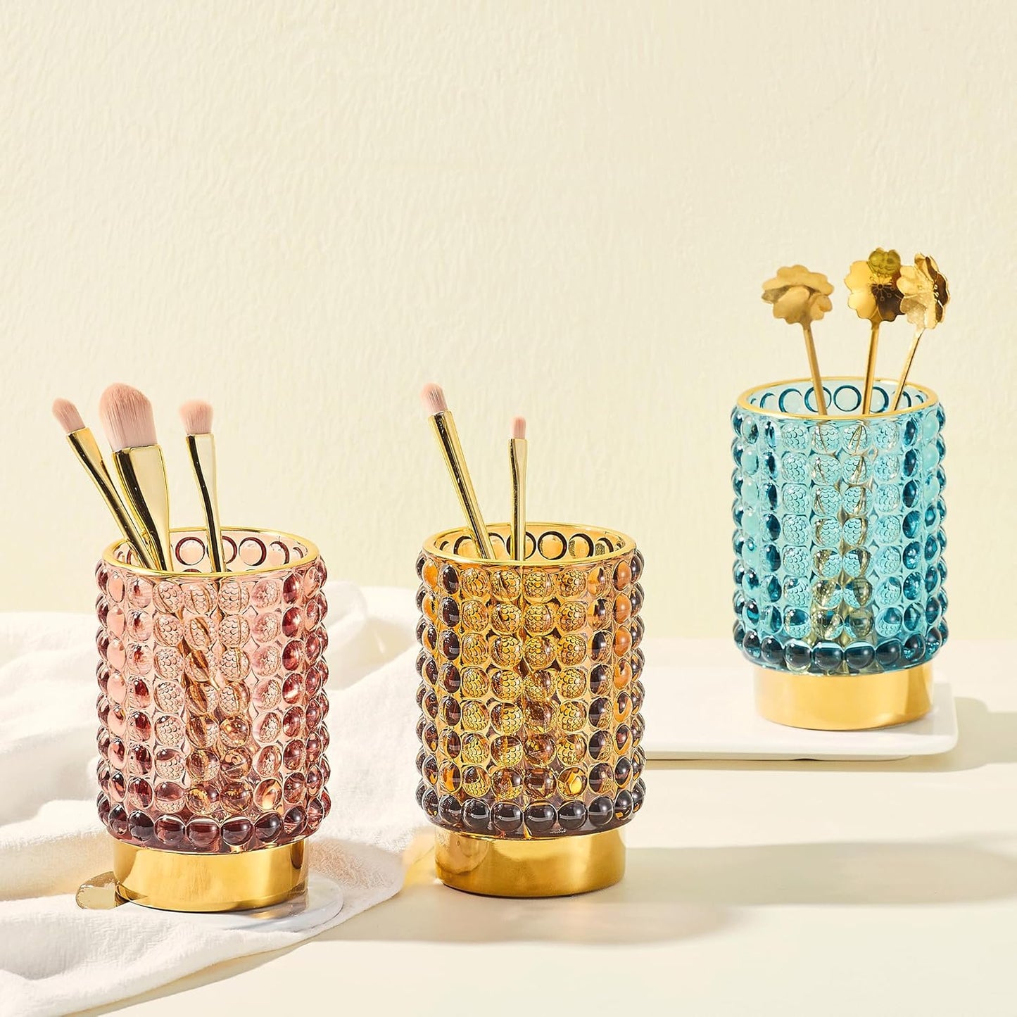 Makeup Brush Holder Organizer,Toothbrush Holders,Desk Pen Pencil Holder,Multifunctional Vintage Glass Brush Cup(A38-9-US/Brown/L)