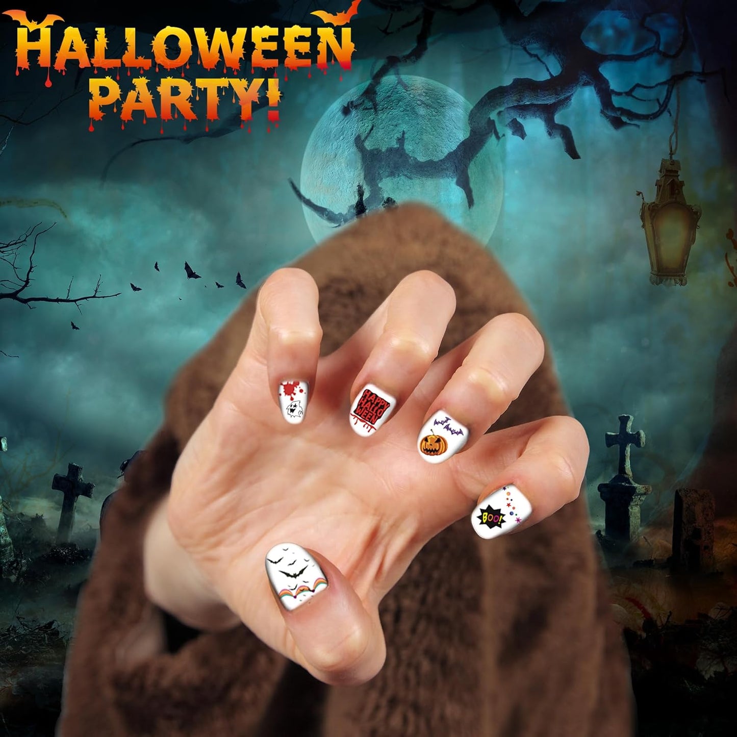 TailaiMei 1500 Pcs Halloween Nail Decals Stickers, 12 Sheets Self-Adhesive DIY Nail Art Tips Stencil for Halloween Party, Include Pumpkin/Bat/Ghost/Witch etc