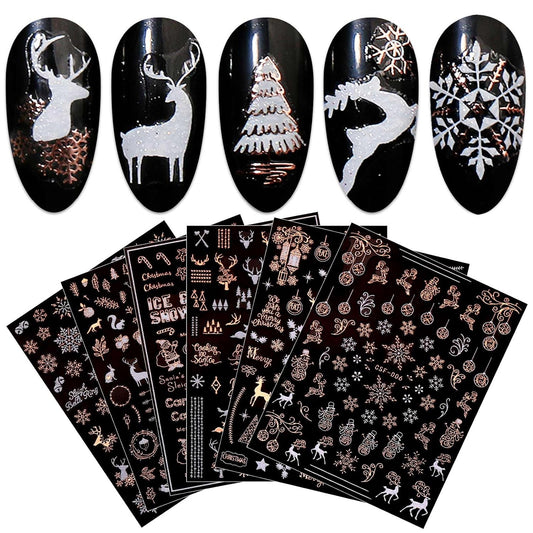 JMEOWIO 9 Sheets Christmas White Glitter Nail Art Stickers Decals Self-Adhesive Snowflake Winter Holiday Rose Gold Nail Supplies Nail Art Design Decoration Accessories