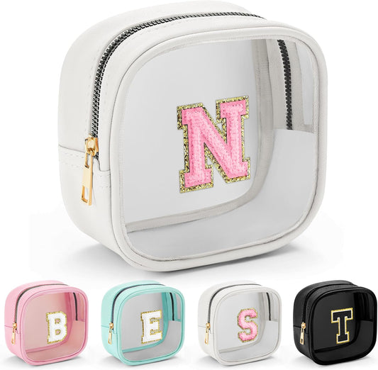 YOOLIFE Initial Make Up Bag Travel Toiletry Bag, Clear Makeup Bag Preppy Cosmetic Bags Organizer Travel Essentials Gifts for Women Teen Girlfriend Teacher Mom Birthday Mothers Day Gifts White M