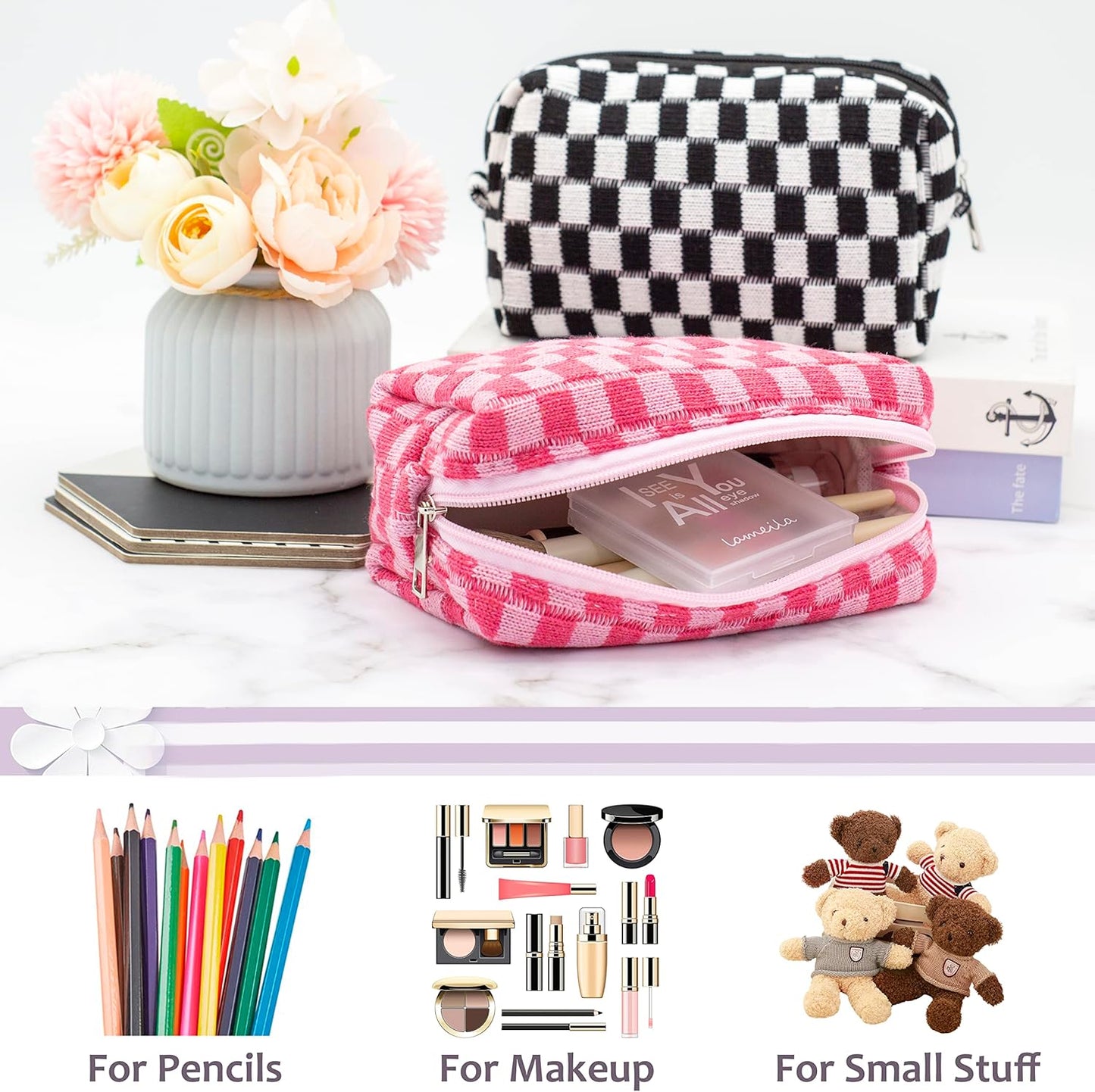 PAZIMIIK Checkered Makeup Bag for Purse Portable Zipper Make Up Pouch Small Cosmetic Case for Travel Accessories (2PCS Hotpink Light Green)