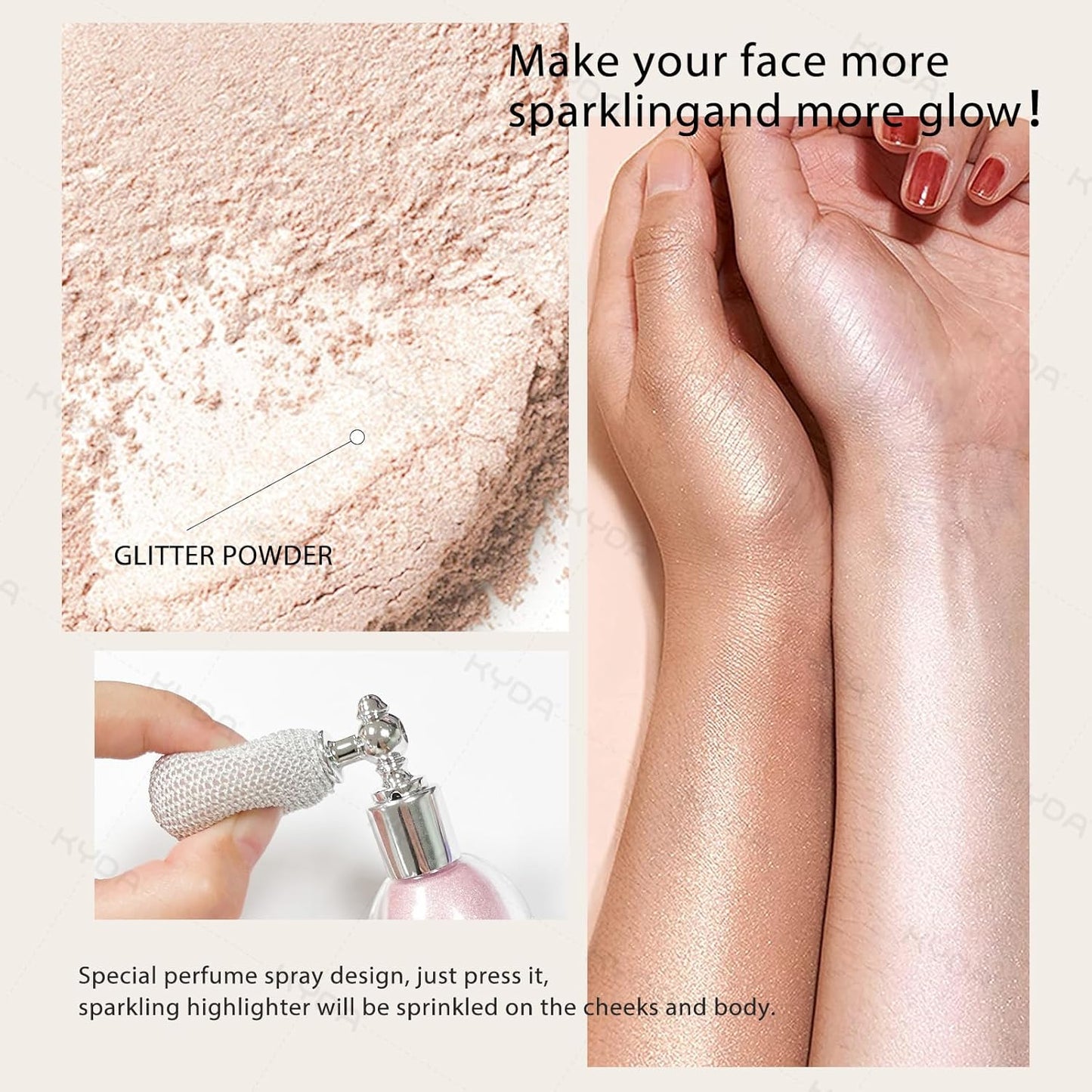 KYDA Highlighter Powder Spray, High Gloss Glitter Spray, Shimmer Sparkling Powder Makeup, for Face and Body Glitter Cosmetic-Pearl White