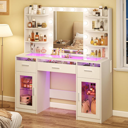 HUAHUUU Vanity Desk, Makeup Vanity Desk with Mirror and Lights 3 Colors, Transparent Top with 3 RGB Drawers, 6 Shelves, 2 Large Tempered Cabinets, Power Outlet, for Bedroom, White