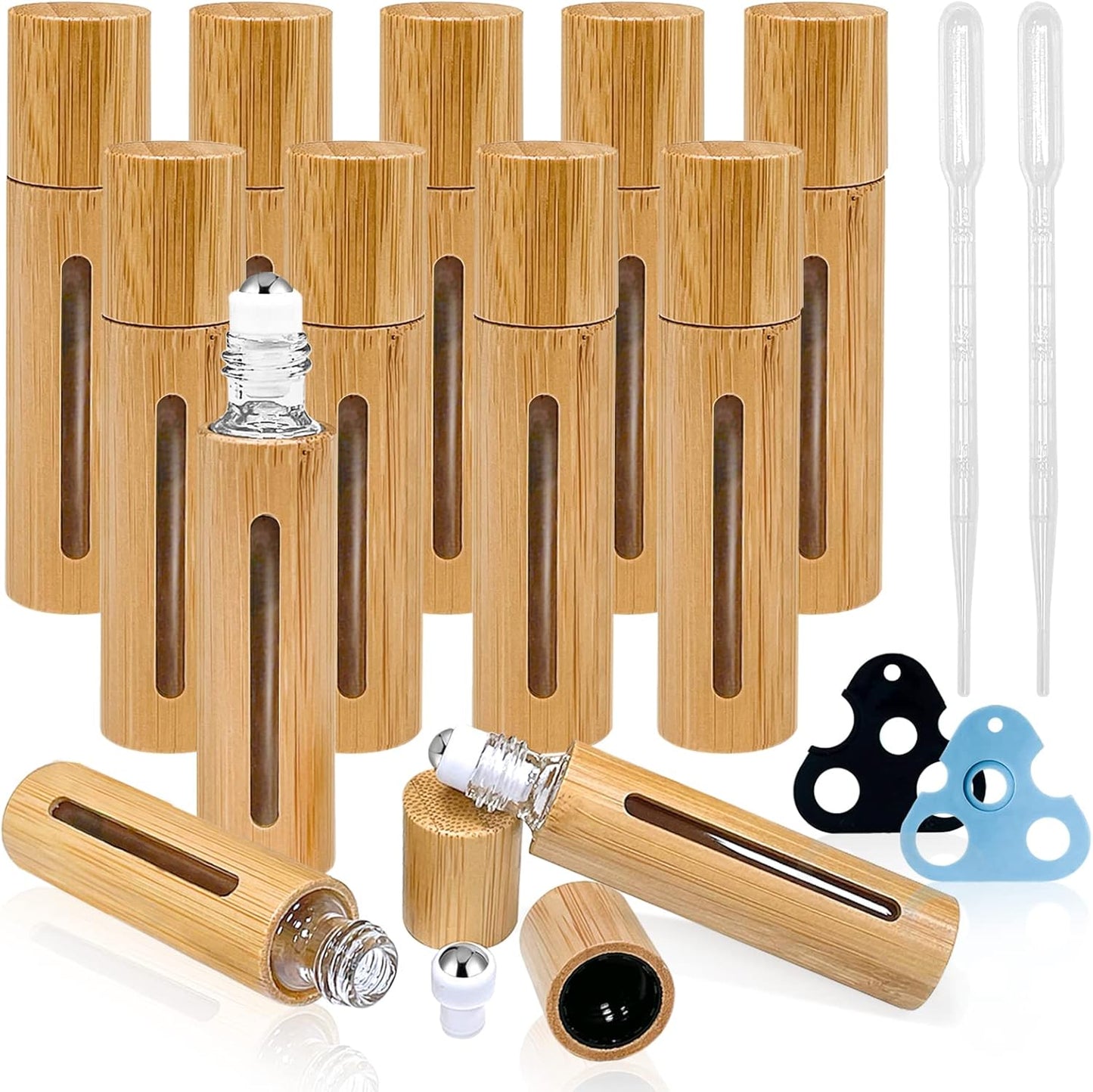 12Pcs 10ml Roller Bottles Balls for Essential Oils, Roll on Bottles with Bamboo Shell Clear Glass Inner, Portable Refillable Perfume Sample Bottle with Stainless Steel Ball