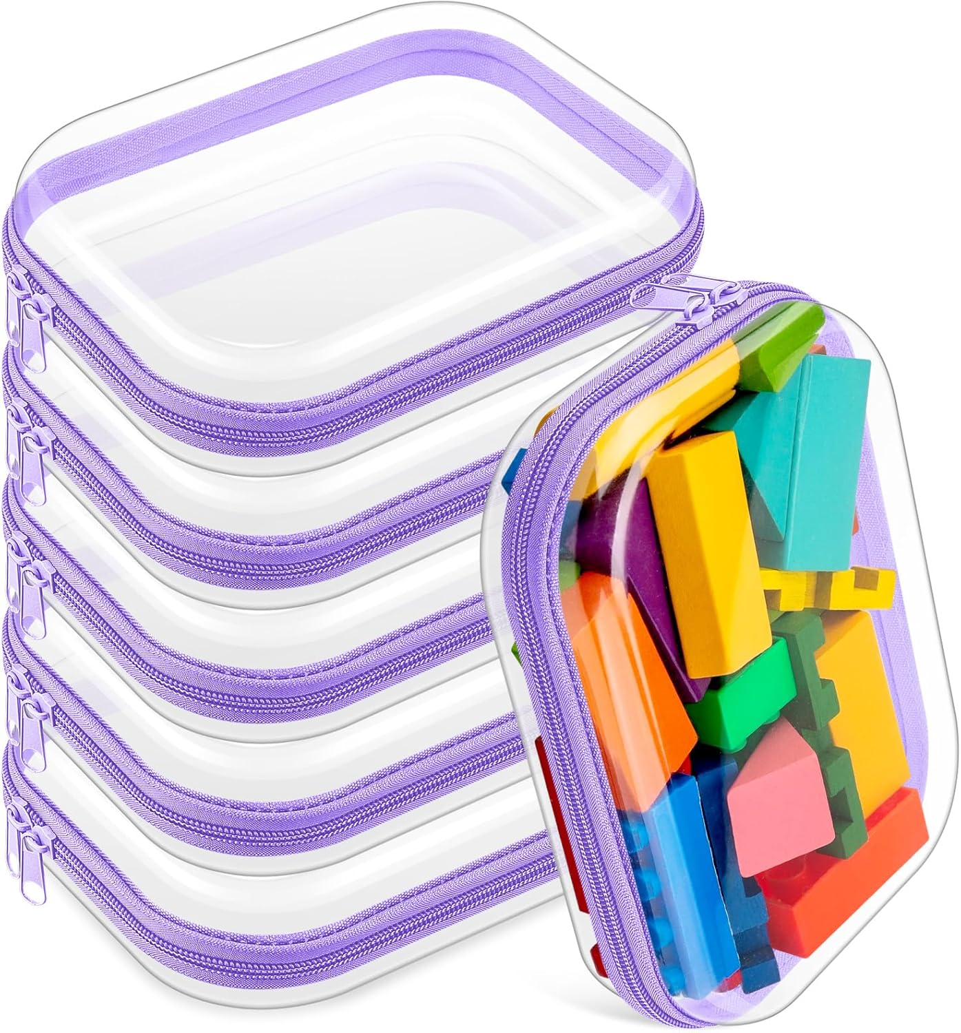 Sanwuta 6 Pcs Clear Hard Zipper Case Pencil Pouches Hard Plastic Zipper Pouches Makeup Bag Transparent Cases for Snacks Plastic Storage Organizer Box for Travel(Purple,7.87 x 5.9 x 2 Inch)