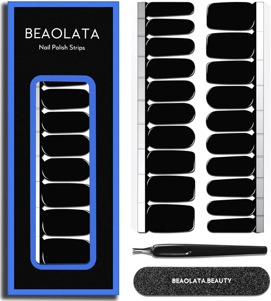 Nail Polish Strips Long Lasting, 20Pcs Wraps, Easy Apply& Remove Salon Quality Gel Nail Stickers (Total Black)