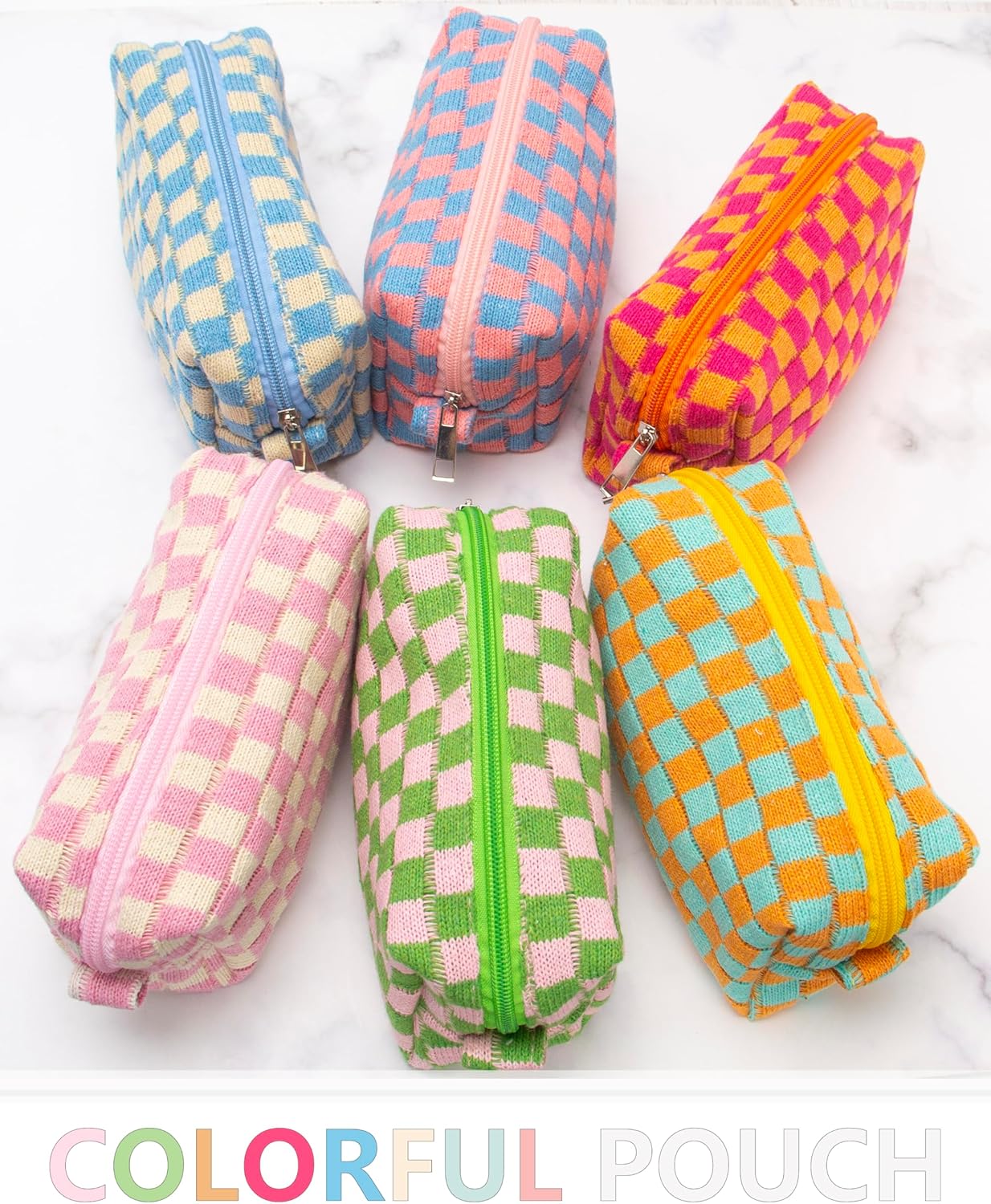 PAZIMIIK Checkered Makeup Bag for Purse Portable Zipper Make Up Pouch Small Cosmetic Case for Travel Accessories Blue Beige