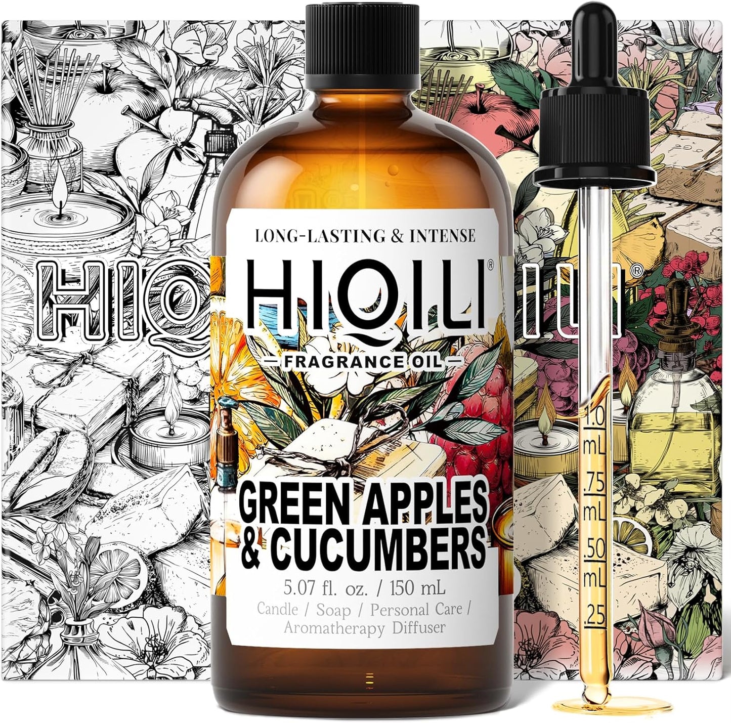 HIQILI Green Apples & Cucumbers Fragrance Oil for Candle, Soap, Perfume Making, Inspired by D.Ka-Ran B.De-Licious, Fresh Scents, Add to Skin & Hair Care Products - 5.07 Fl Oz