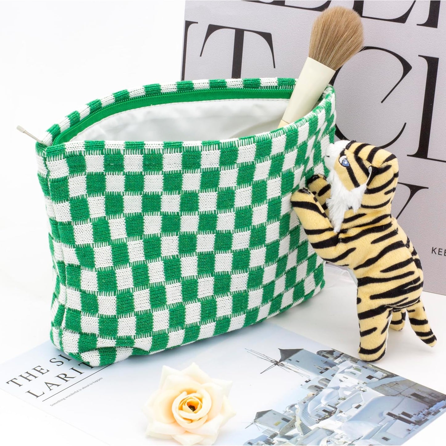 PAZIMIIK Knitted Checkered Makeup Bag Large Zipper Make Up Accessory Pouch for Purse Cosmetic Brush Bag for Travel Essential,Green
