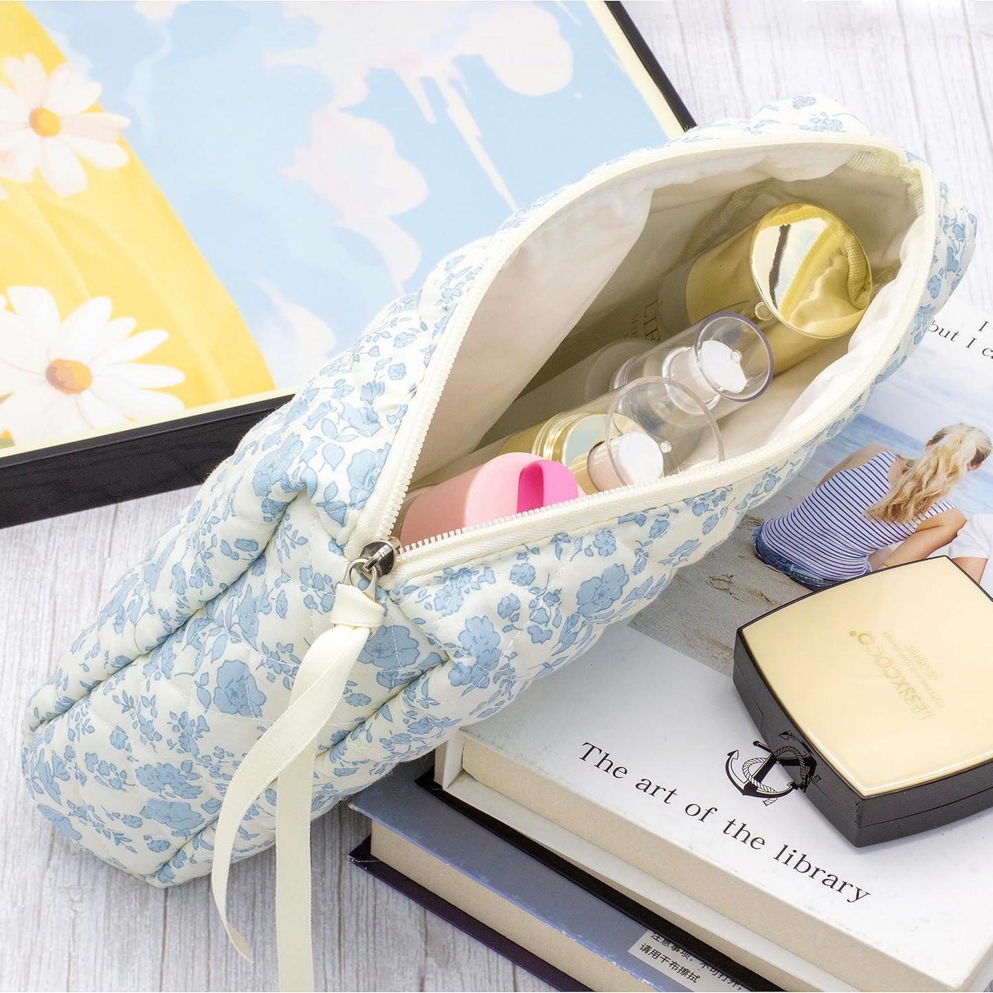 PAZIMIIK Quilted Makeup Bag Large Travel Zipper Soft Cosmetic Pouch for Women Girls Make Up,Little Flower Blue