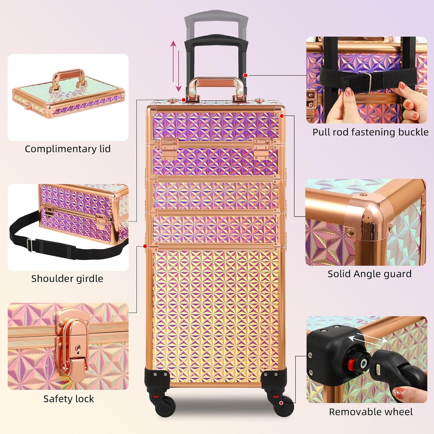 Rolling Makeup Case, Makeup Train Case with Lid, 5 in 1 Cosmetology Case on Wheels, Christmas Gift, Large Makeup Organizers, Profesional Cosmetic Case for Salon Barber, Bright Pink