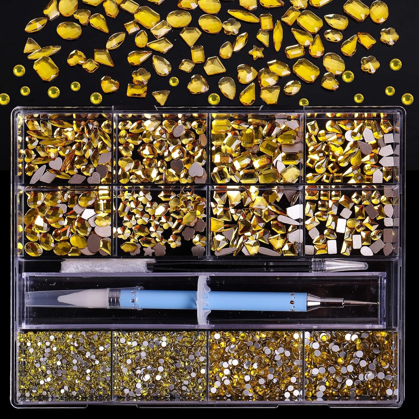 3320Pcs Lemon Yellow Nail Art Rhinestones Crystal,3D Rhinestones Gems Jewels Diamond,24 Types of 320 Diamonds + 3000 Round Beads, Crystals 3D Flat Back Gemstones for Nail DIY Crafts with Tweezers Pen