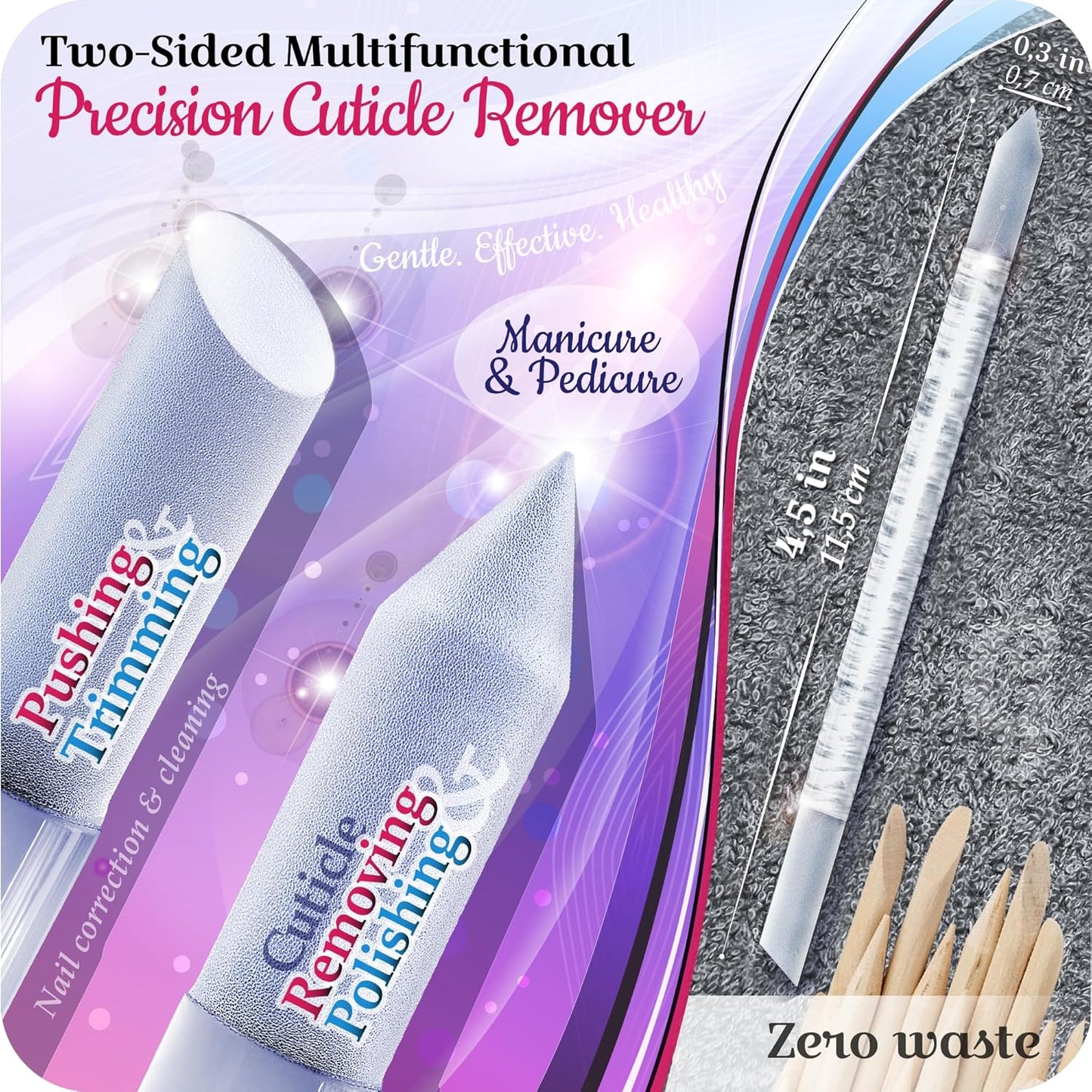 GLADZY Glass Cuticle Pusher Tool - Dual Ended Manicure Stick, Etched Crystal Glass Cuticle Remover, Callous and Dry Skin Fingertip File, Nail Shaper, Professional Nail Care, Ethically Made in EU
