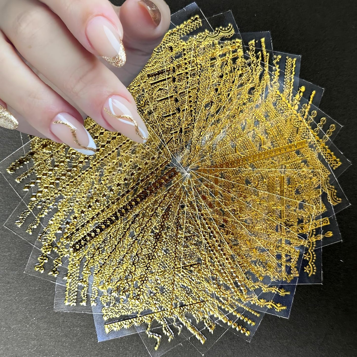 30 Sheets Gold Line Nail Art Stickers Gold Lace Nail Stickers 3D Self-Adhesive Gold Nail Decals Acrylic Nails DIY Design Nail Supplies for Women