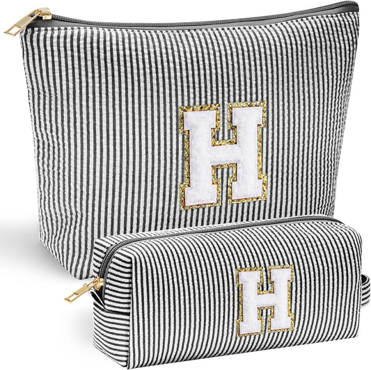 YOOLIFE Initial Monogram Cute Makeup Bags - Cosmetic Toiletry Pouch for Women's Friendship, Personalized Birthday Gifts - Black