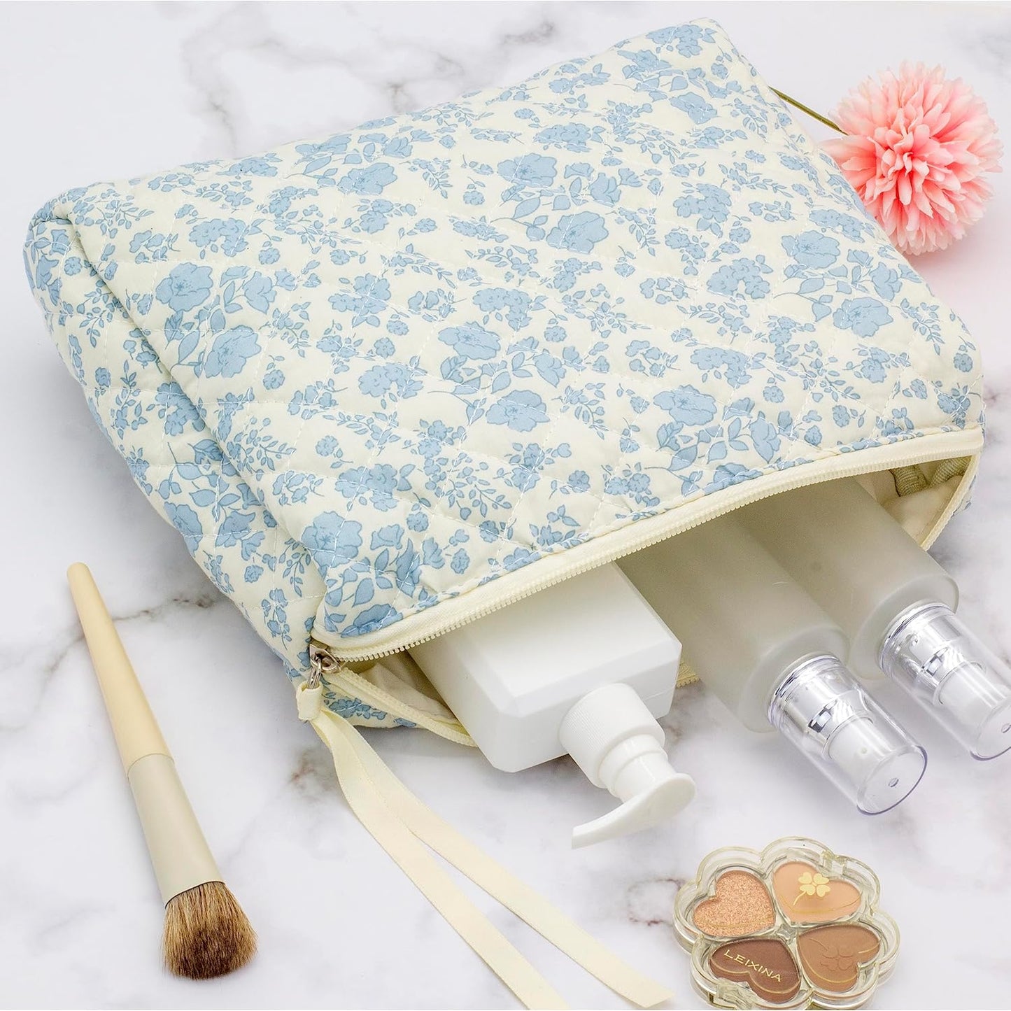 PAZIMIIK Quilted Makeup Bag Large Travel Zipper Soft Cosmetic Pouch for Women Girls Make Up,Little Flower Blue