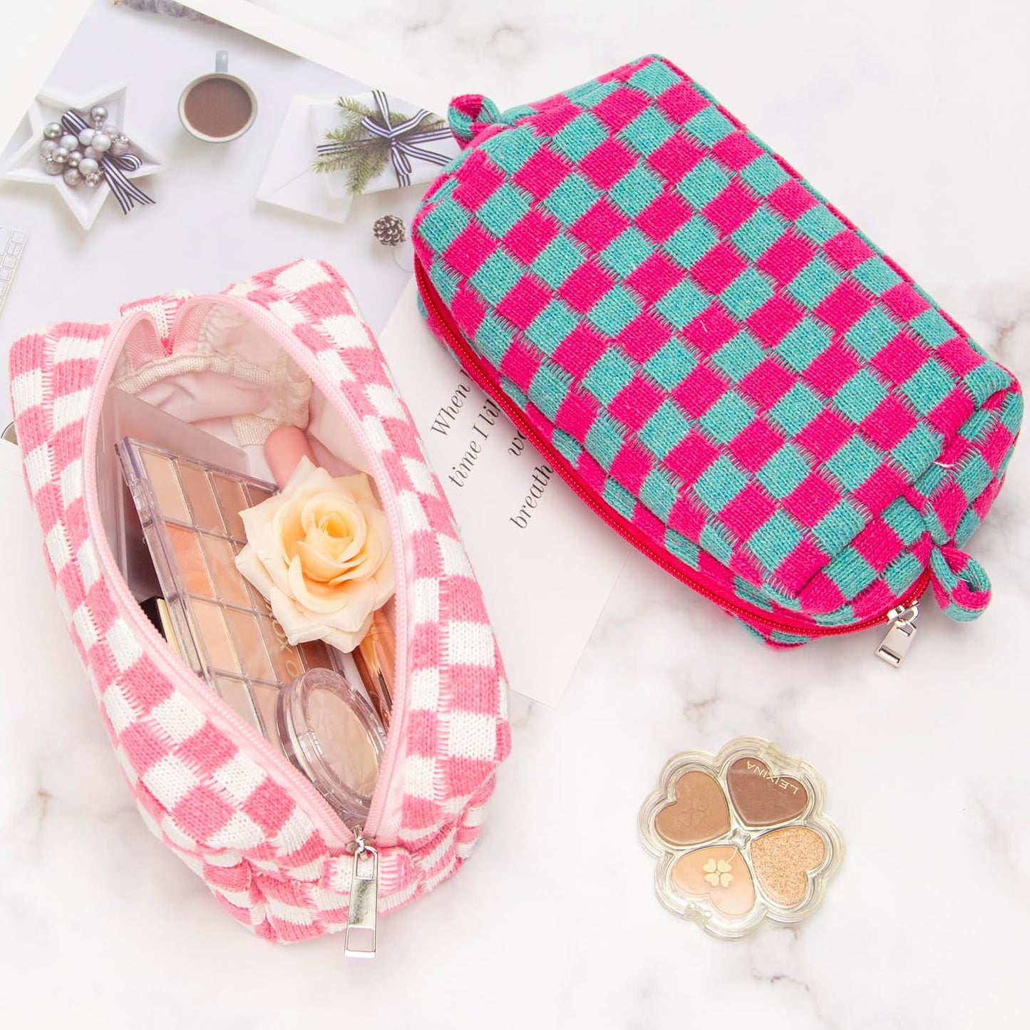 PAZIMIIK Checkered Makeup Bag for Purse Portable Zipper Make Up Pouch Small Cosmetic Case for Travel Accessories (6PCS Magenta Green)