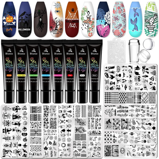 Biutee Nail Stamper Kit Nail Art Stamping Plate Set 8 Stamping Nail Polish Gel 12 Stamp Plate Jelly Silicone Stamper Flower Animal Lace Girl Star Rose Love Template Tool Supplies Halloween Design
