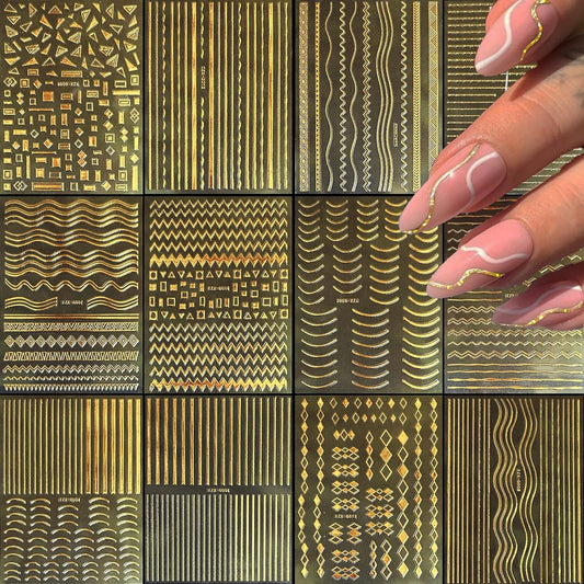 12 Sheets Gold Nail Stickers, 3D Self-Adhesive Metal Geometric Stripe Wave Nail Sticker, Gold Nail Art Designs, Style-c