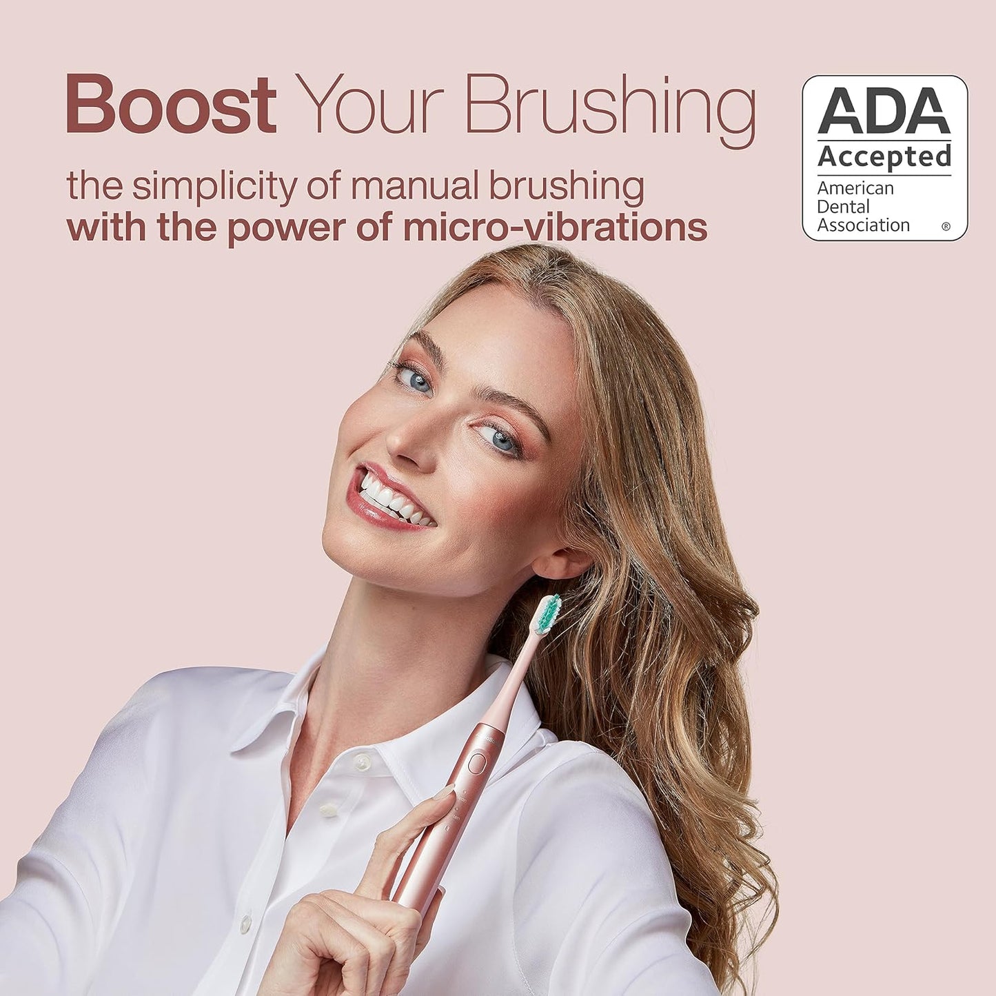 Aquasonic Icon ADA-Accepted Rechargeable Toothbrush | Magnetic Holder & Slim Travel Case | 2 Brushing Modes & Smart Timers | Gentle Micro-Vibrations (Blush)