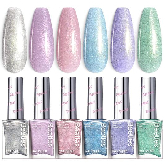 Beetles Glitter Nail Polish Set 6 Colors Glitter Fairy Gleam Quick Dry Nail Polish Shimmer Pink White Green Blue Purple Nail Lacquer Kit Fingernail Polish Diy Nail Art Gift For Women Girls