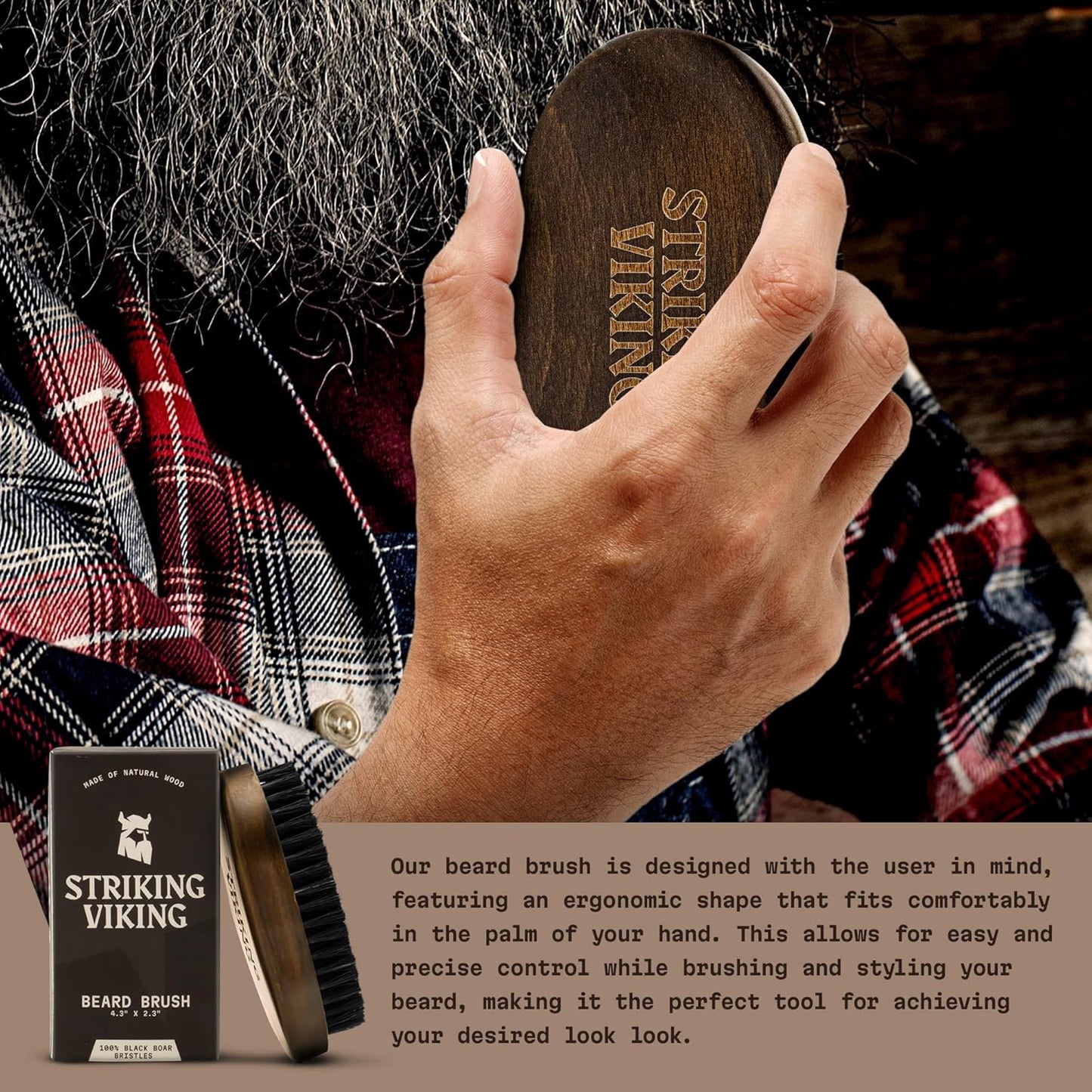 Striking Viking Beard Brush for Men - 4.3-Inch Beech Wood Handle, Brown - Boar Bristle Beard Brush, Travel Size Detangler & Static Reducer