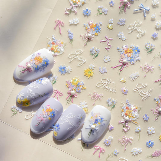 Spring Flowers Nail Stickers 5D Self-Adhesive Embossed Ribbon Bow Floral Pearl Rhinestones Design Decals Spring Romantic Flowers Nail Art Charms for Women DIY Decorations Exquisite Cardboard 1Sheets