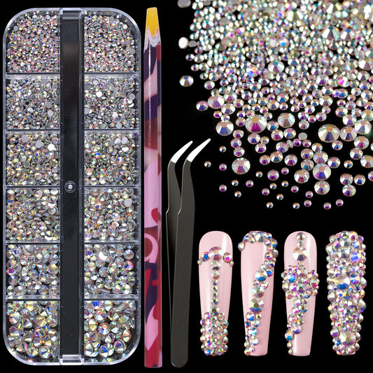 6 Sizes AB Glass Crystal Kit with Pickup Pen + Tweezer Tools for Iridescent Shine Nail Art Manicure Makeup DIY Decoration Flatback Round Rhinestone Gem Jewelry Diamond