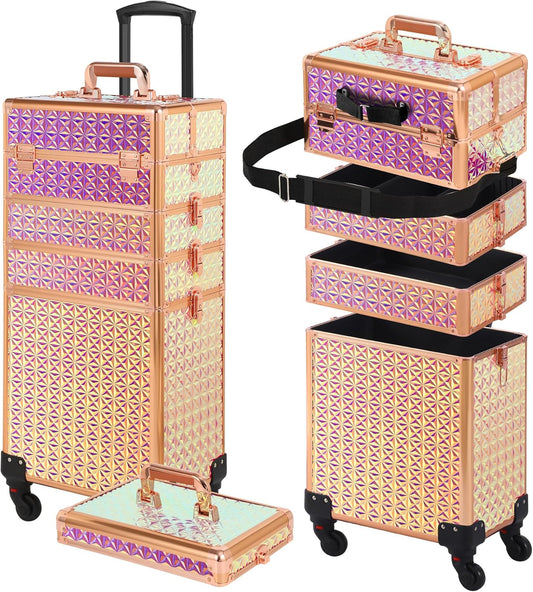 Rolling Makeup Case, Makeup Train Case with Lid, 5 in 1 Cosmetology Case on Wheels, Christmas Gift, Large Makeup Organizers, Profesional Cosmetic Case for Salon Barber, Bright Pink
