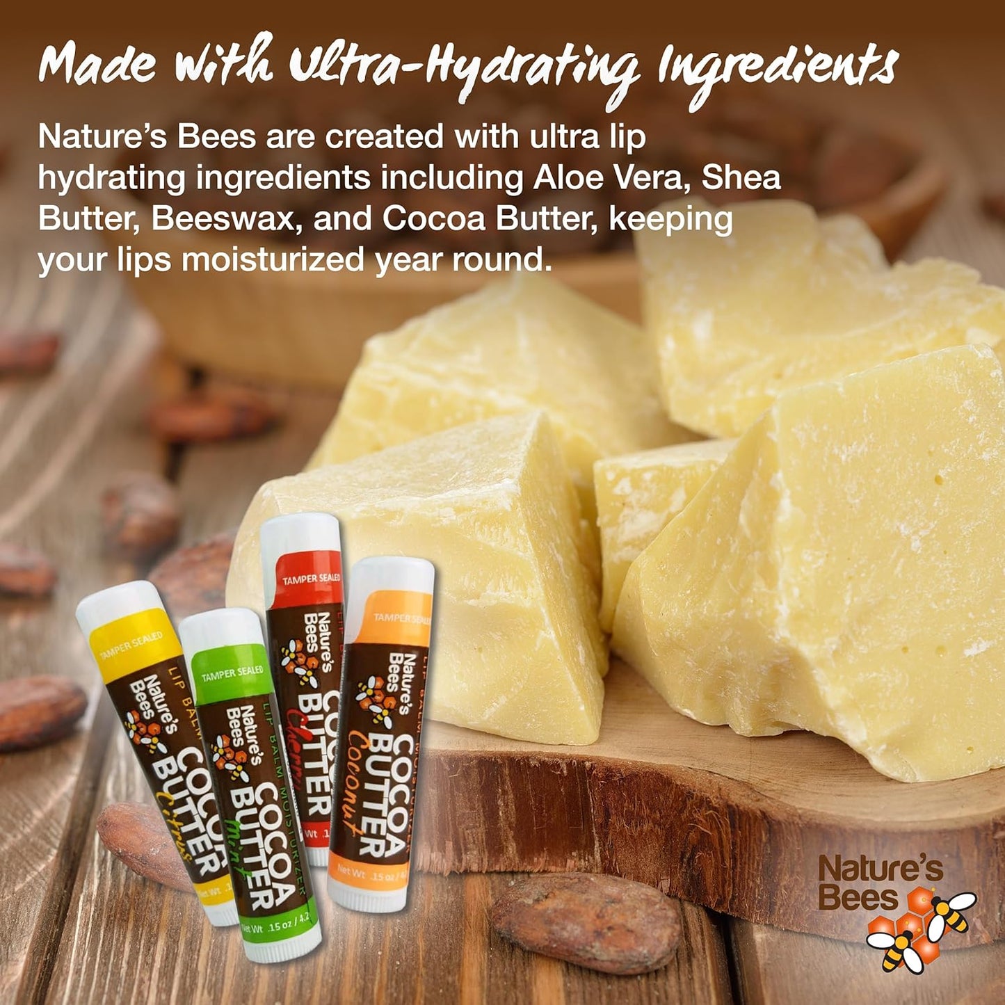 Nature's Bees, Cocoa Butter Lip Balms, Lip Moisturizer Treatment - Pack of 72, (Original Variety Assortments - Original, Olive Oil, Mango Butter, Shea Butter)
